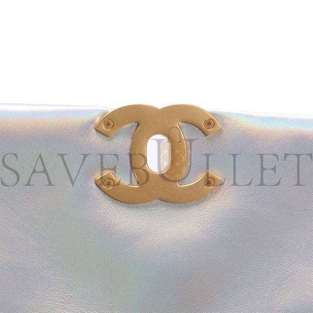 CHANEL IRIDESCENT CALFSKIN QUILTED MEDIUM CHANEL 19 FLAP LIGHT GOLD PURPLE BLUE AS1160 (26*17*8cm)